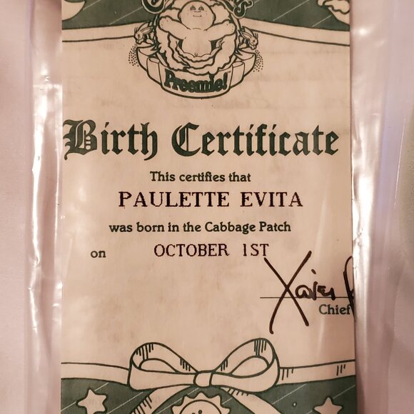 Vintage 1985 Cabbage Patch Kids Preemie Paulette Evita W/Birth Certificate!! - Picture 6 of 6